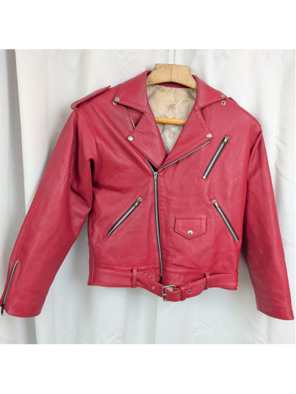 Vintage Spanish Made Red Leather Moto Style Jacket
